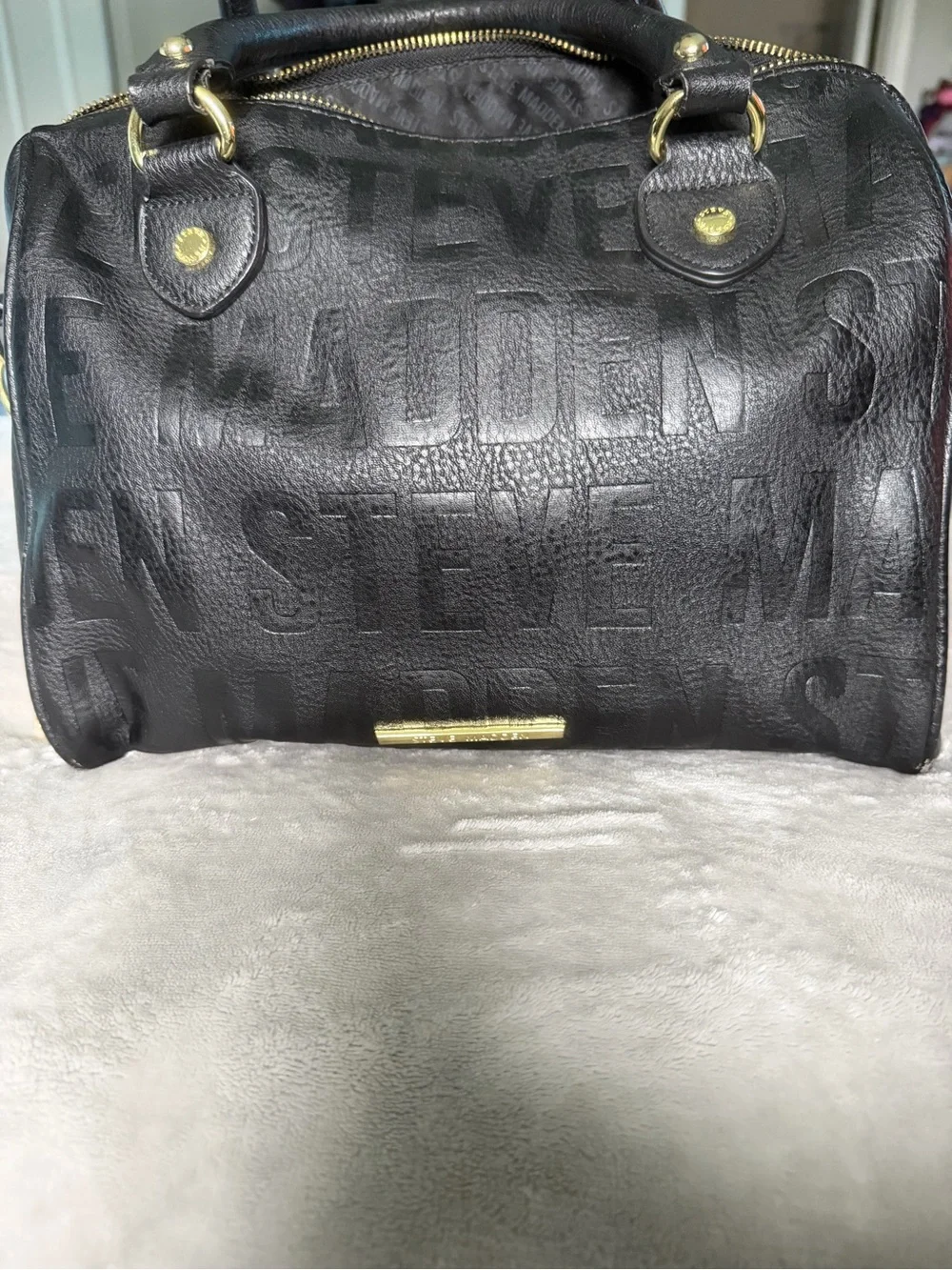 Steve Madden Black Embossed Logo Bowling Bag